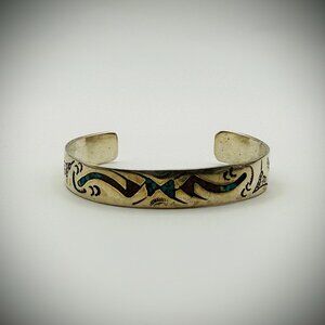 Southwestern Silver Chip-Inlay Cuff (Turquoise & Coral) | Sz 6.5 total | 20g